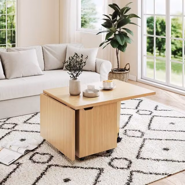 Costway Extendable Coffee Table with Storage and Castors in Light Oak, 120 cm