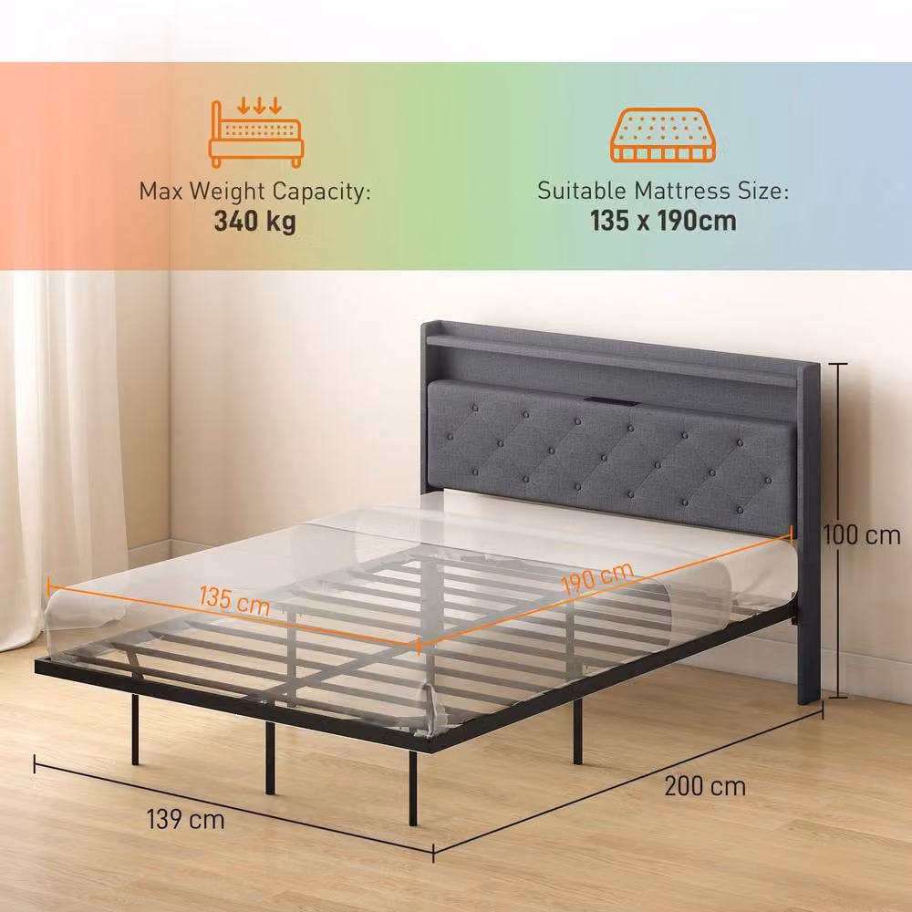STILVORA Grey Fabric Double Bed Frame with LED Lighting, USB Charging Port and Bedside Shelves, W/D/H: 140 x 200 cm – 3