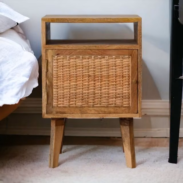 Aosom UK Solid Wood Bedside Cabinet with Knitted Fabric Door and Open Slot in Brown and Yellow – 1