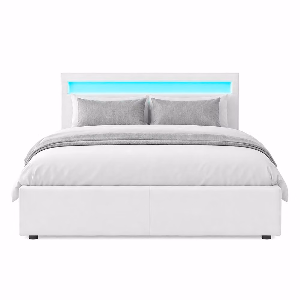 Harmin White Faux Leather Ottoman Storage Bed with LED Headboard, W/D/H: 140 x 200 cm – 3