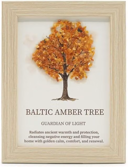 KDMD Tree of Life Framed Baltic Amber Gemstone Picture in Orange and Gold