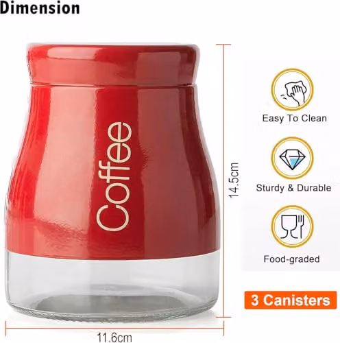 ATEK Set of 3 Glass Kitchen Storage Canisters with Screw Lids, Red and White Multipurpose Tea, Coffee and Sugar Jars – 2