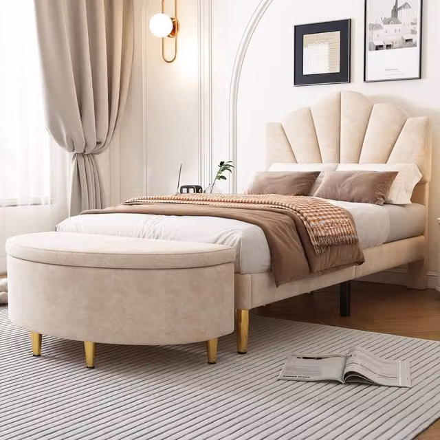 Rolipo Beige Velvet Single Bed with Shell Headboard and Storage Bench, W/D/H: 90 x 190 cm