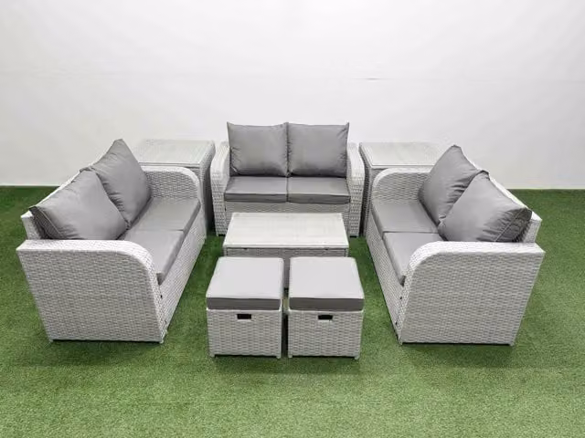 Fimous 8 Seater PE Wicker Rattan Garden Furniture Set in Light Grey with Rectangular Coffee Table, 2 Seater Love Sofa, 2 Stools and 2 Side Tables