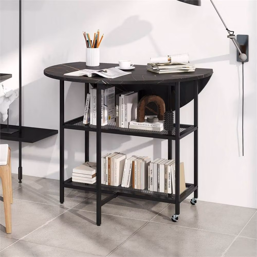 NESTLUNE Modern Round Black Kitchen Dining Table with Drop Leaf and Castors, W/D/H: 100 x 80 x 75 cm – 3