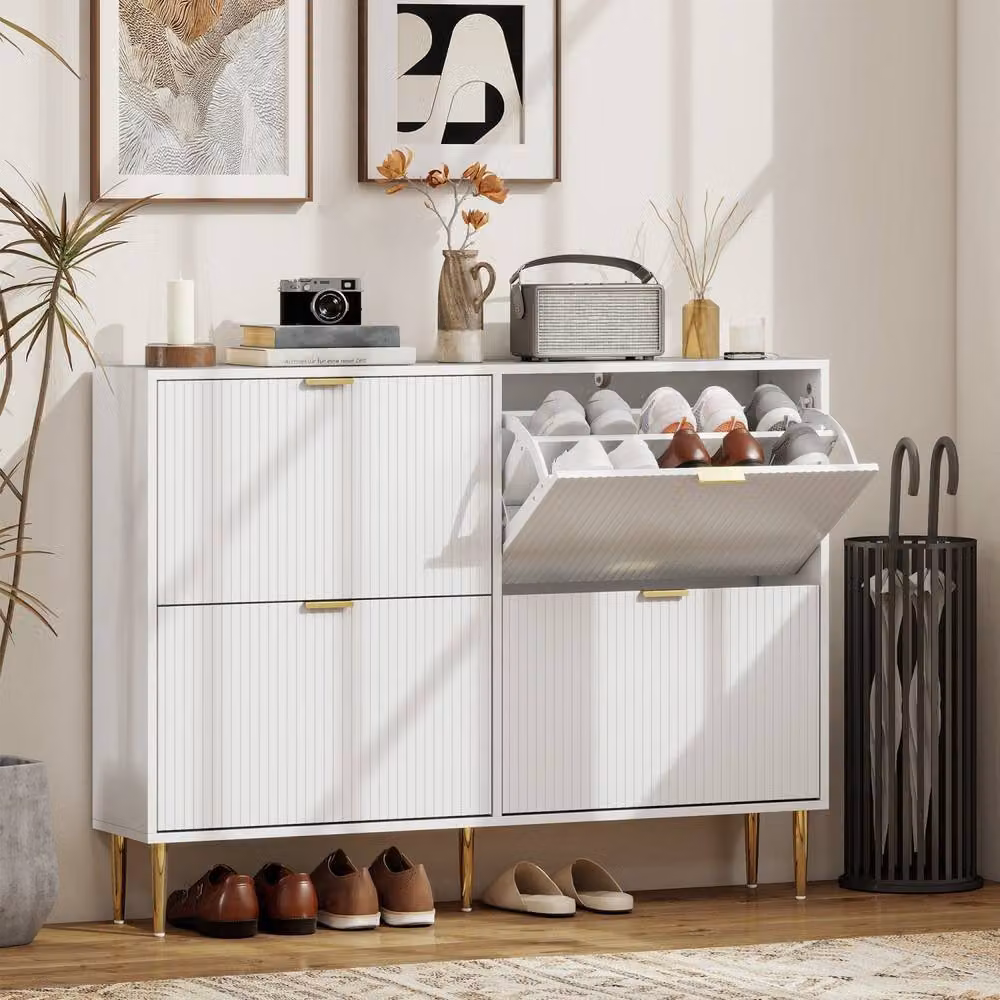 Wyld Haus White Ribbed Slim Shoe Cabinet with Gold Details, H 91.5 x W 33.0 x D 24.0 cm – 3