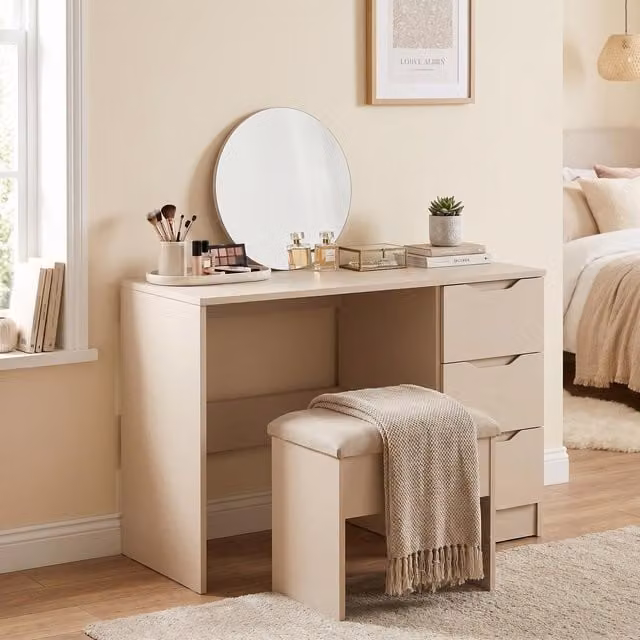 FWStyle Luno 3 Drawer Dressing Table Vanity Desk with Deep Handleless Drawers in Beige