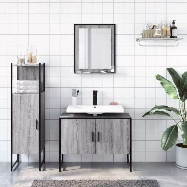 Berkfield Home 3 Piece Grey Bathroom Cabinet Set including Vanity Unit, Tall Cabinet and Mirror Cabinet