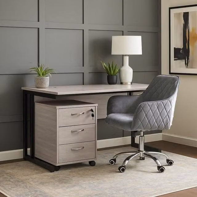 Kosy Koala Modern Grey and Black Home Office Set Including 140 cm Rectangular Desk, Swivel Chair and Drawer Pedestal