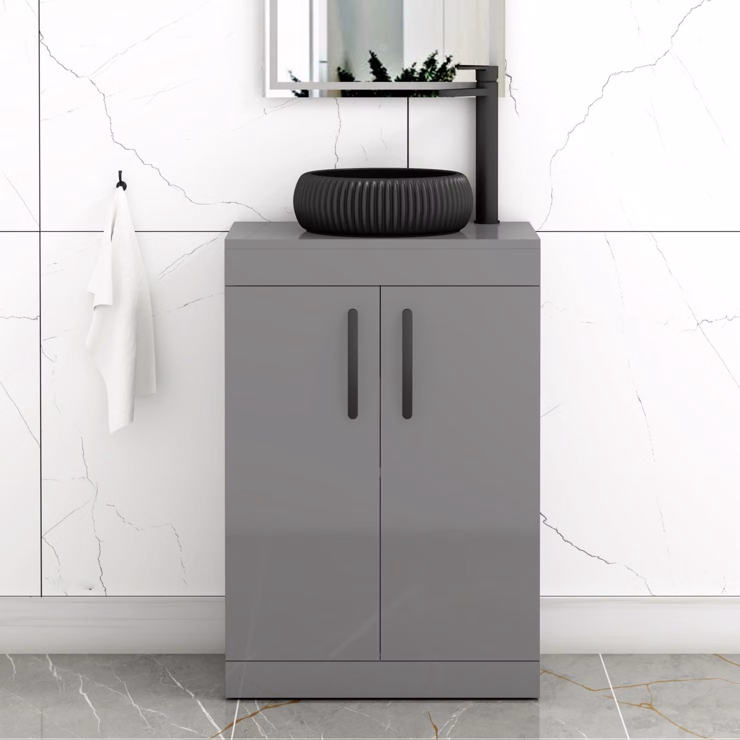 Royal Bathrooms Turin 500mm Floor Standing 2 Door Vanity Unit in Indigo Grey Gloss with Milan Black Countertop Basin