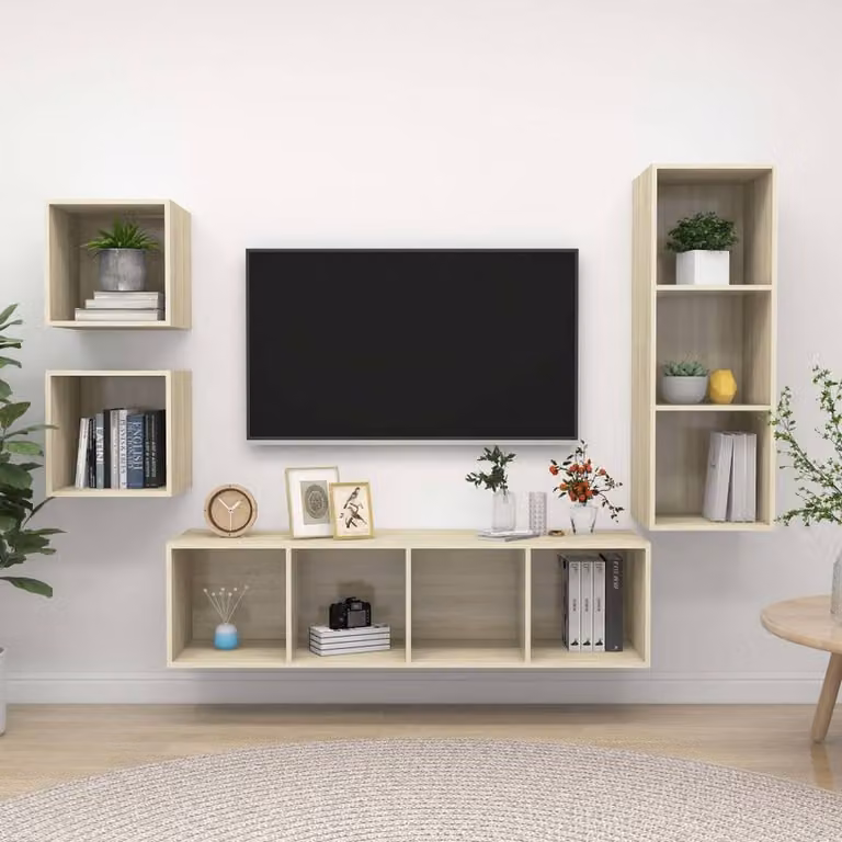 Berkfield Home 4 Piece Minimalist TV Cabinet Set in Light Oak and Beige Engineered Wood