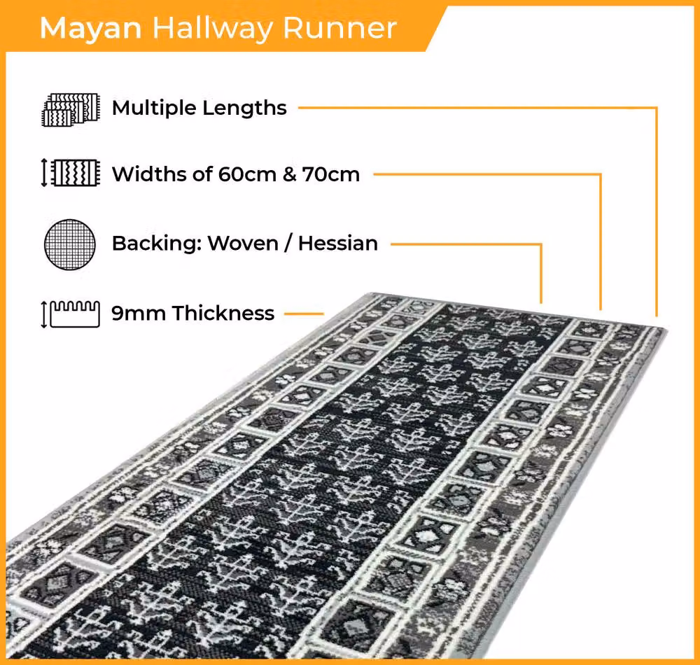 runrug Mayan Hallway Carpet Runner Rug in Black, W/D: 60 x 210 cm – 2