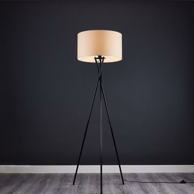 ValueLights Camden Tripod Floor Lamp with Fabric Drum Shade in Natural