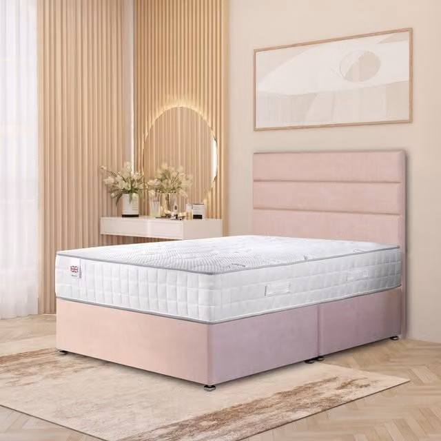 Somnior Beds Ltd Pink Velvet Upholstered Modern Divan Bed Set with Drawers, Headboard and Spring Mattress, W/D/H: 200 x 200 cm