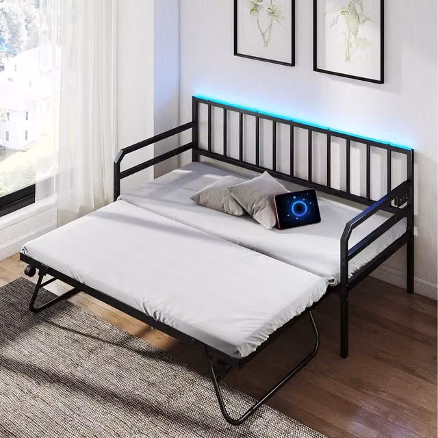 Costway Modern Metal Sofa Bed Base Daybed Frame with USB Charging Port and Under-bed Lighting, Black, W: 90 cm, L: 200 cm