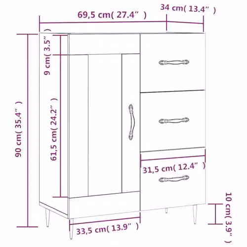 vidaXL Modern Sideboard and Storage Cabinet with Door and Drawers in Concrete Grey Engineered Wood, W/D/H: 90.0 x 27.9 x 69.5 cm – 3