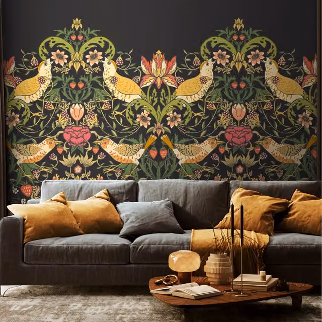 Origin Murals Birds, Fruit and Foliage Art Nouveau Wall Mural in Black and Olive