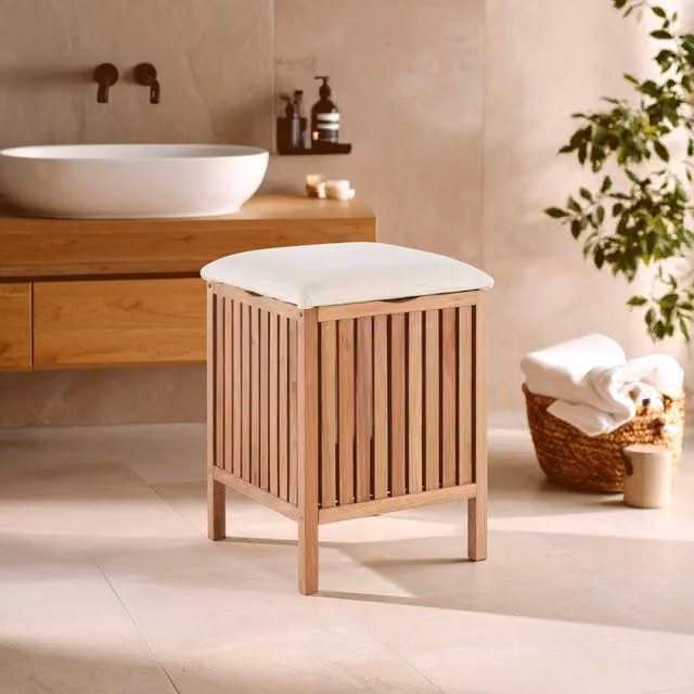Orsina Dual Purpose Wood Storage Stool in Natural Walnut with Beige Fabric Seat – 1