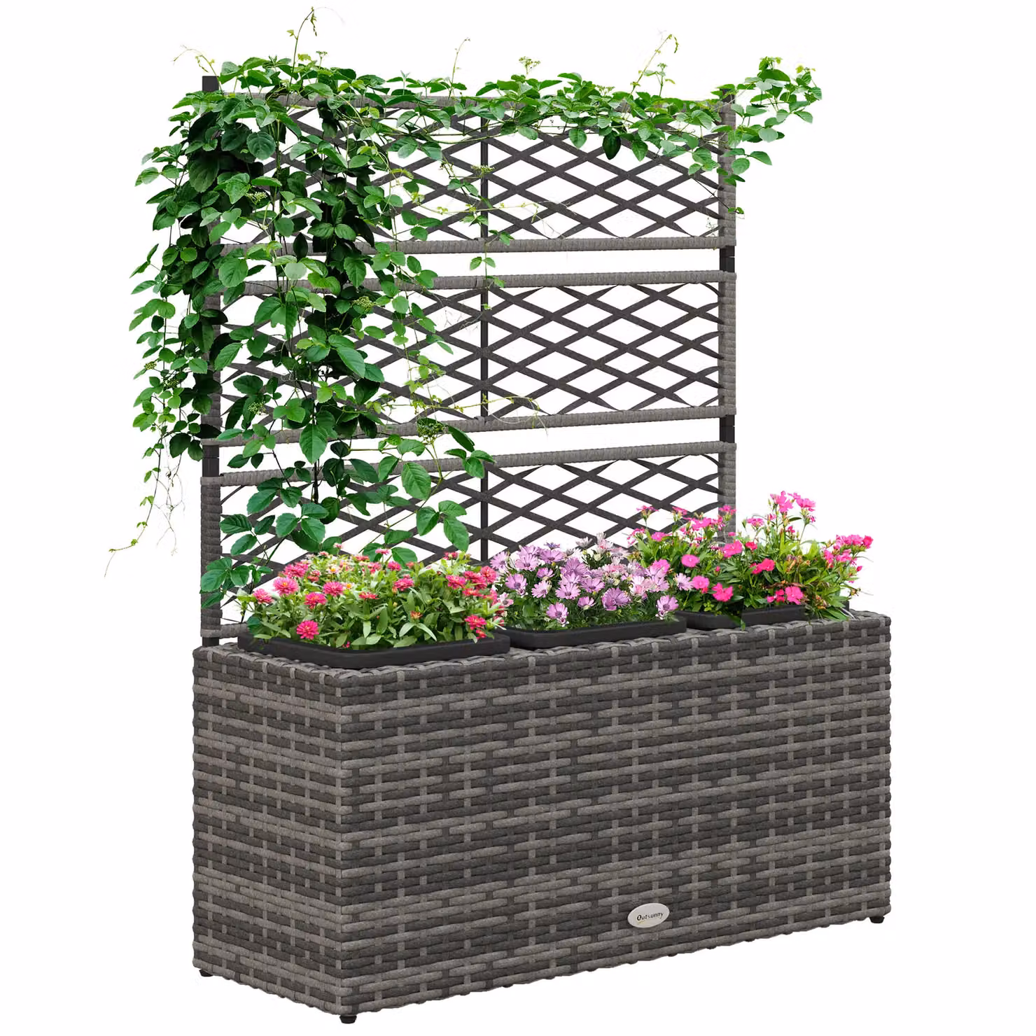OUTSUNNY Light Grey PE Rattan Raised Bed Planter with Trellis, W/D/H: 84 x 30 x 107 cm – 2