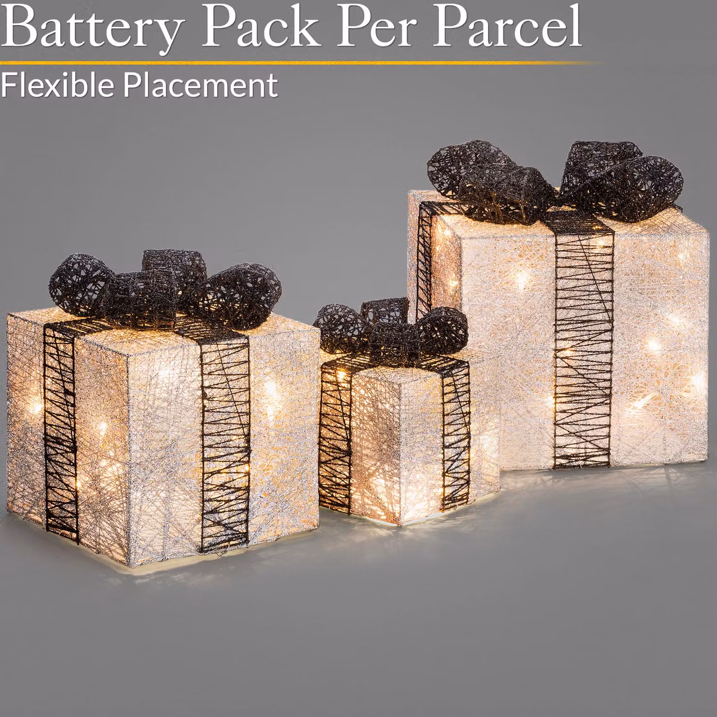 Christow Set of 3 LED Light Up Christmas Present Parcels in Black, Battery Operated with Timer – 3