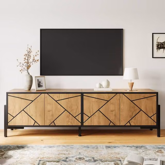 Merax Industrial Style Rustic Oak Effect TV Lowboard with 4 Doors and Black Metal Frame, W/D/H: 153 x 40 x 50 cm