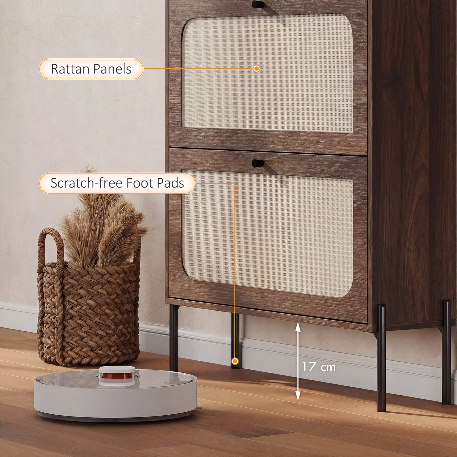 HOMCOM Boho Narrow Shoe Storage Cabinet with 2 Rattan Flip Drawers, Brown – 7