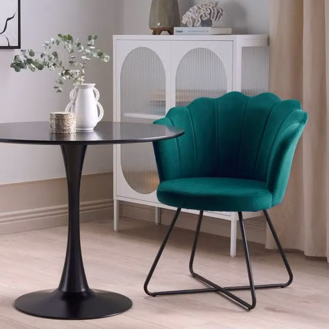 Wyld and Coco Green Velvet Shell-Back Armless Chair with Black Metal Frame