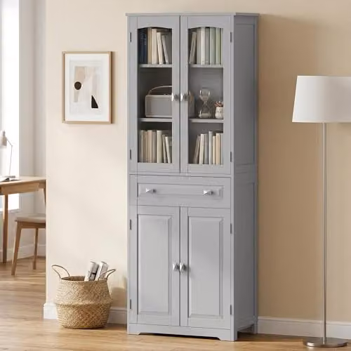 HOMCOM Modern Tall Kitchen Cupboard with Glass Doors and Internal Shelves, Grey, H 160 x W 60 x D 30 cm – 4