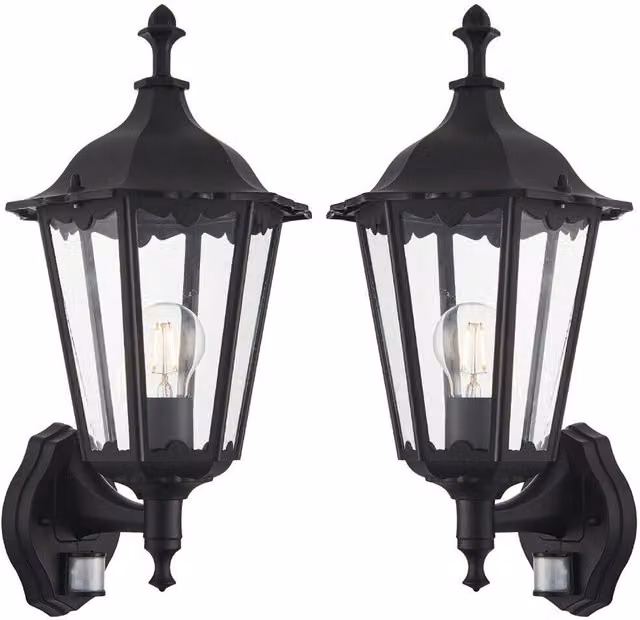 Loops 2 Pack Traditional Outdoor Wall Lanterns in Matt Black and Glass with PIR Motion Sensor, Dusk Sensor and Timer, IP44 Rated, H 23.5 cm x W 13.5 cm x D 13.5 cm – 1