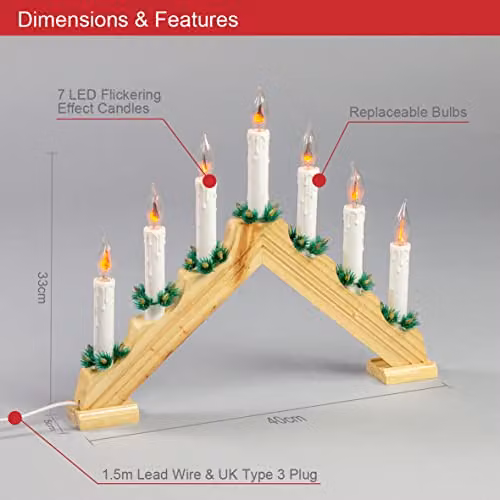 The Christmas Workshop Wooden Christmas Candle Bridge in Pine Wood Finish with Flickering Orange Flames, W/D/H: 40 x 33 x 5 cm – 3
