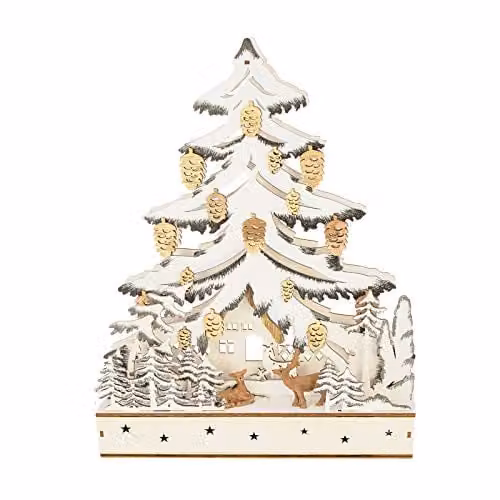 The Christmas Workshop Hand Crafted Wooden Festive Forest Scene Tabletop Decoration with Warm White LEDs in Brown and White – 1