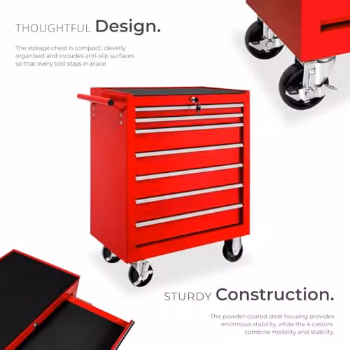tectake Lockable and Rollable Steel Tool Chest with 7 Drawers, Red – 3