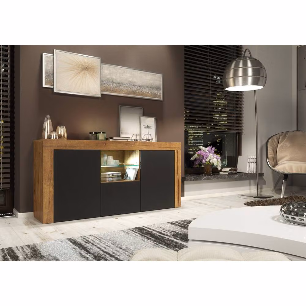 Mex Furniture LTD Aurora Sideboard in Dark Oak and Black Matt with Integrated LED Lighting, W: 145 cm, D: 35 cm, H: 70 cm – 2