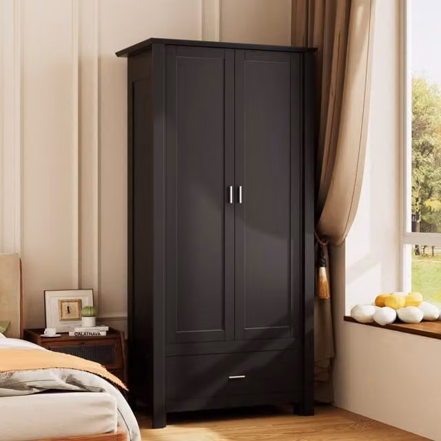 Livingandhome Modern Double Door Wardrobe with Drawer and Hanging Rail in White Matt