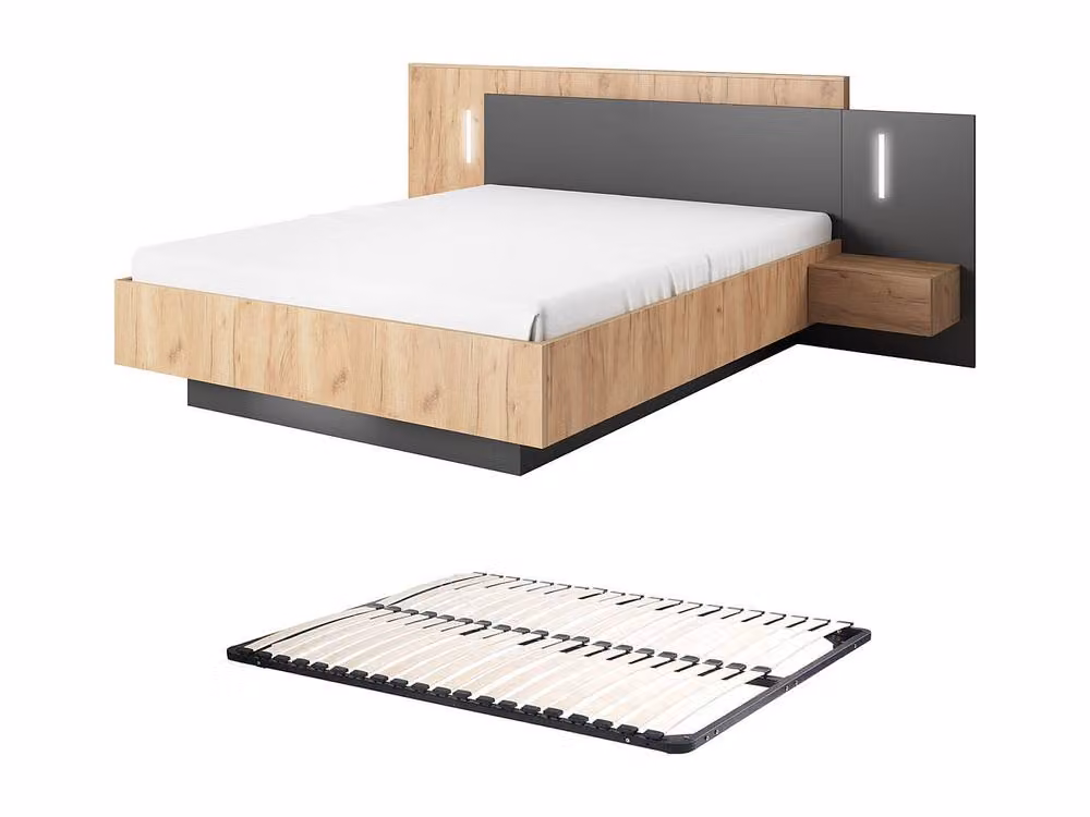 Vente-unique Double Bed with Bedside Tables and LED Under-bed Lighting in Grey, W/D/H: 140 x 190 x 102 cm – 2