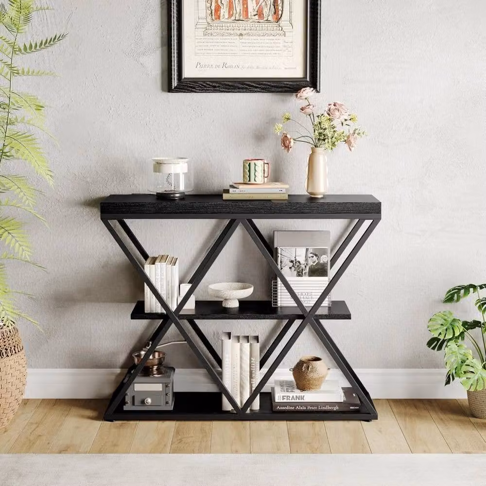 VOGREX Industrial 3-Tier Narrow Slim Console Side Table in Black and Multicolour – 5