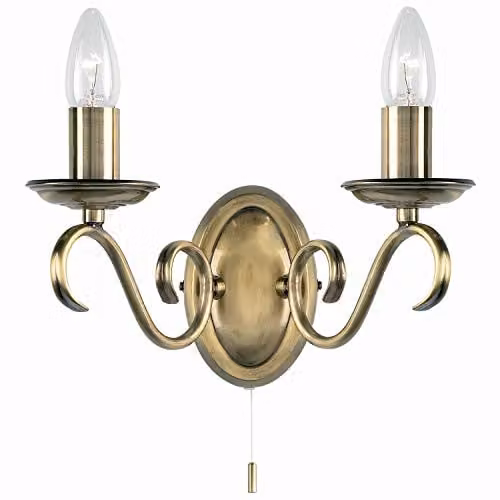 Loops Dimmable LED Twin Wall Light in Antique Brass Finish with Vintage Pull Chain