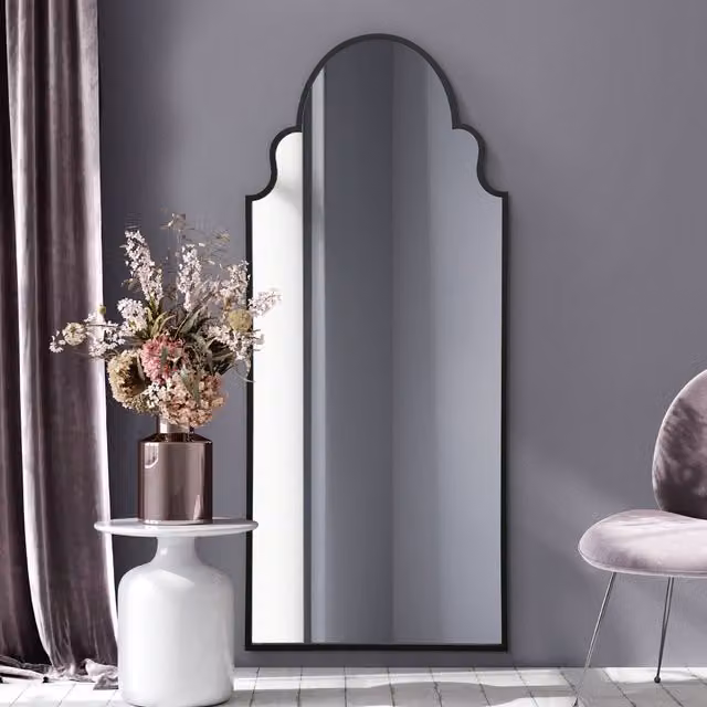 MirrorOutlet Arcus Crown Modern Metal Framed Arch Leaner Wall Mirror in Black, H: 200 cm x W: 70 cm x D: 1 cm