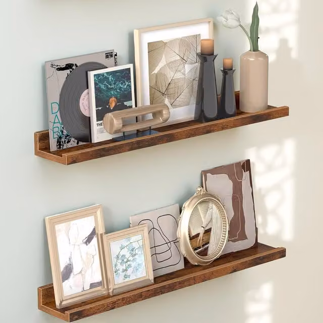 SONGMICS 2 Pieces Brown Rustic Wall Mounted Floating Shelves with Raised Edges – 1