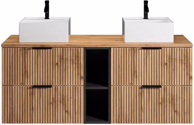MADELA Suspended Striped Bathroom Vanity Unit with Niches and Double Square in Black and Light Oak, W/D/H: 140 x 46 x 57 cm