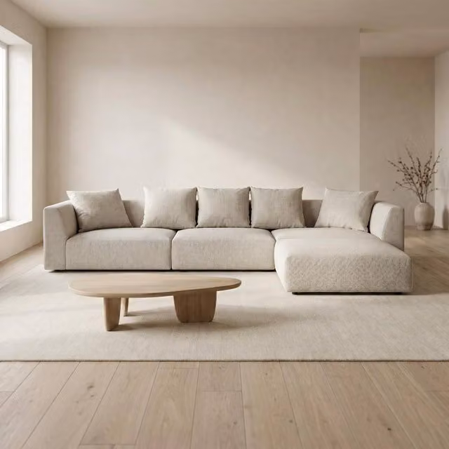 Abakus Direct Tokyo Large L-Shape Corner Sofa in Sand Beige Basket Weave Fabric with Deep Seats – 1