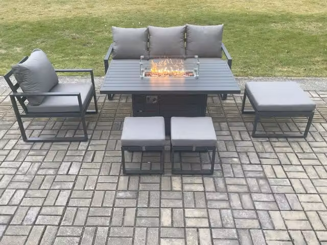 Fimous 7 Seater Aluminium Outdoor Garden Furniture Set with Gas Fire Pit Dining Table and 3 Footstools in Dark Grey