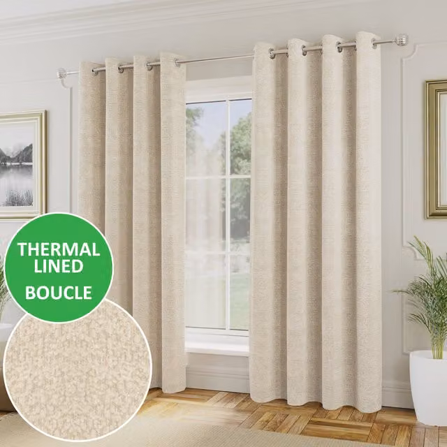 Enhanced Living Royale Boucle Eyelet Thermal Room Darkening Curtains, Beige, Height: 229 cm, Width: 168 cm