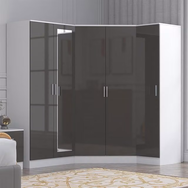 Reflect 3 Piece Wardrobe Bundle in Grey Gloss and Matt White, featuring a 2 Door Corner, 2 Door Mirrored and 1 Door Plain Wardrobe, H: 180 cm x W: 179 cm x D: 103 cm – 1