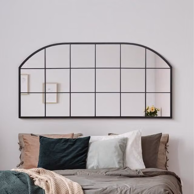 MirrorOutlet Arcus Metal Framed Arched Window Wall or Mantle Mirror in Black