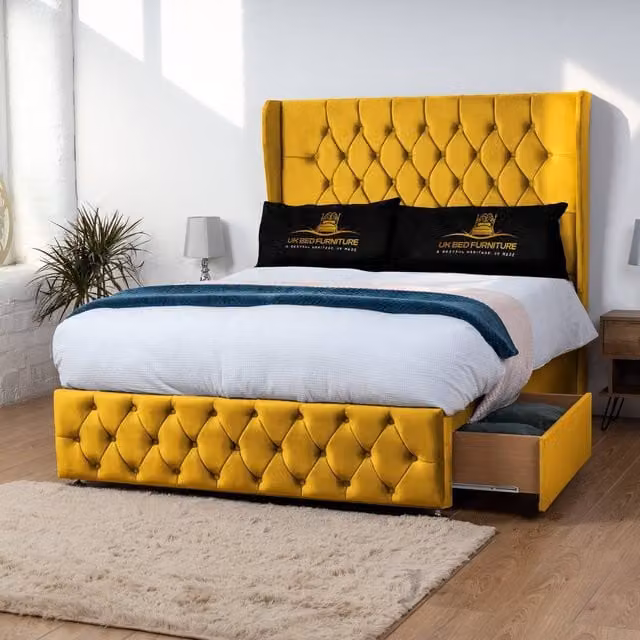 UK Bed Furniture Luxor Wingback Divan Bed with 54 Inch Headboard and 2 Foot End Drawers in Yellow Velvet, Size: Small Double, W/D/H: 120 x 200 cm