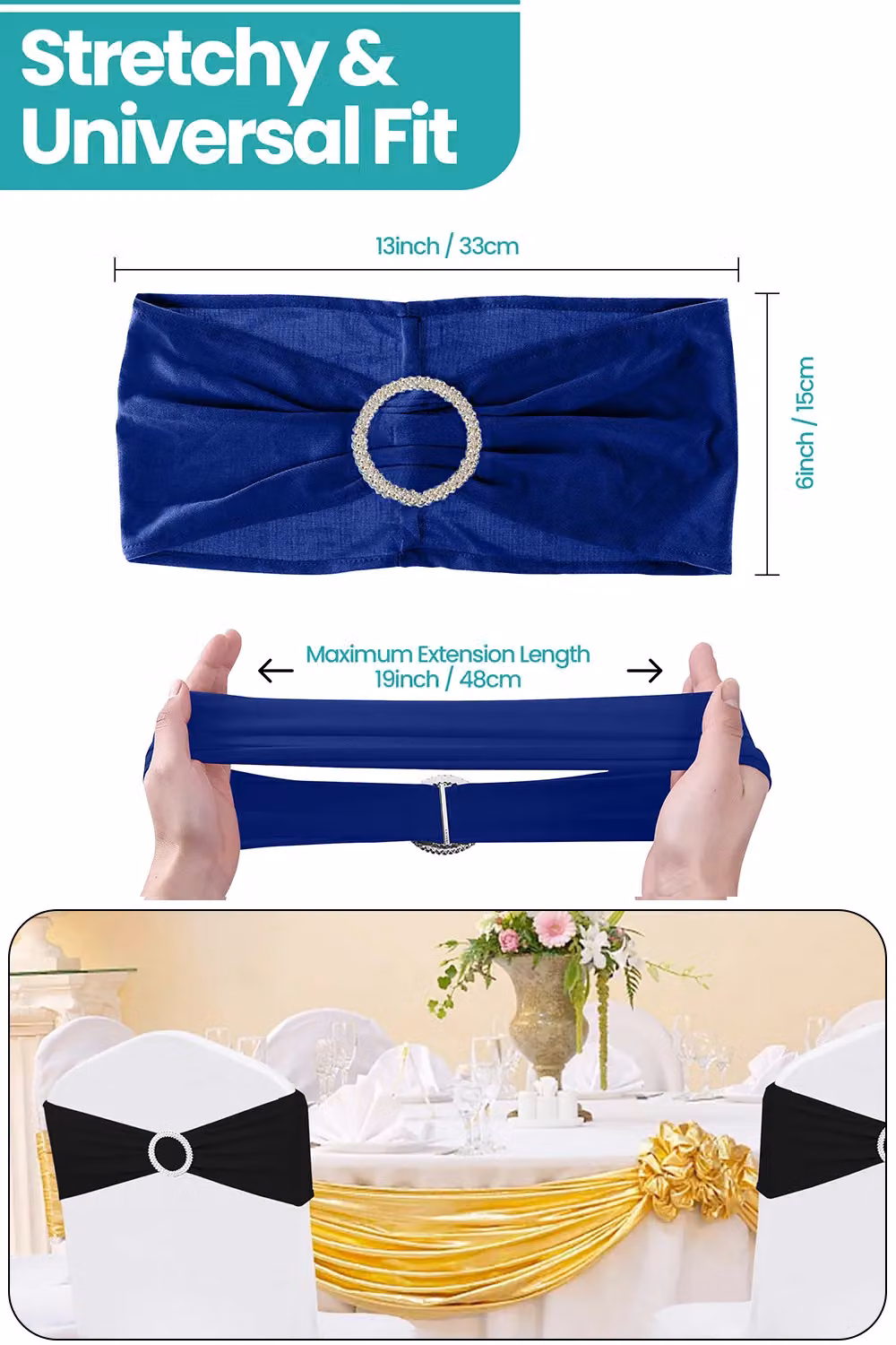 Neel Blue Spandex Chair Band with Slider Buckle, Stretchy Chair Cover Sash in Neel Blue – 2