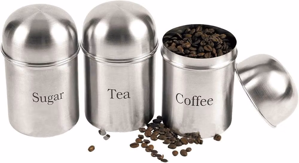 BARGAINS-GALORE Set of 3 Metallic Silver Coffee, Tea and Sugar Storage Canisters – 2