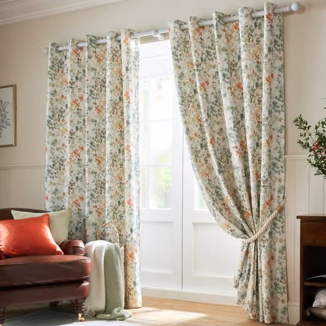 Laura Ashley Old Castle Leaves Ready Made Eyelet Curtains in Fern Green and Sand
