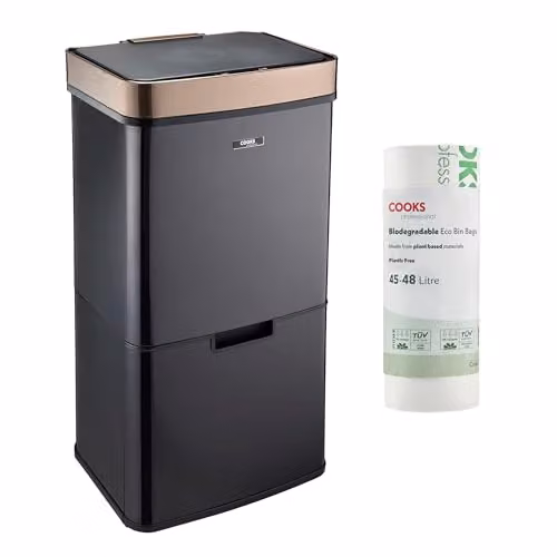 Cooks Professional 75L Recycling Sensor Bin with Dual Compartments, Removable Food Caddy and 25 Biodegradable Bin Bags in Black and Copper – 6